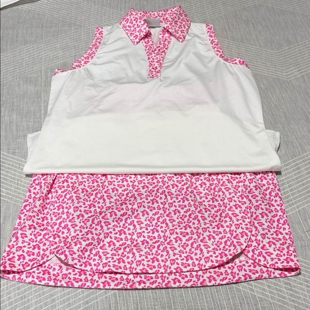 Belyn Key White Sleeveless Polo Tank with Pink Leopard Trim